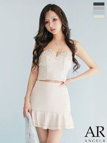 キャバドレス Angel R エンジェルアール フラワービジュー フリル サテン セットアップ ベアトップ バストカット リボン フレアミニドレス