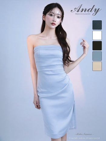 キャバドレス Andy タック ワンカラー ベアトップ スリット タイト 膝丈ドレス