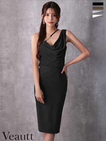 キャバドレス Veautt ヴュート ドレープ チャーム チェーン ジップデザイン バイカラー ワンショルダー アシンメトリー 膝丈ドレス