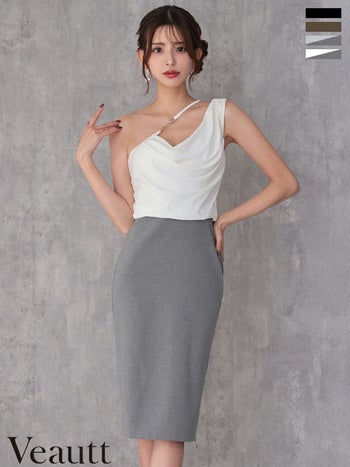 キャバドレス Veautt ヴュート チャーム チェーン ジップデザイン バイカラー ワンショルダー アシンメトリー ドレープ 膝丈ドレス