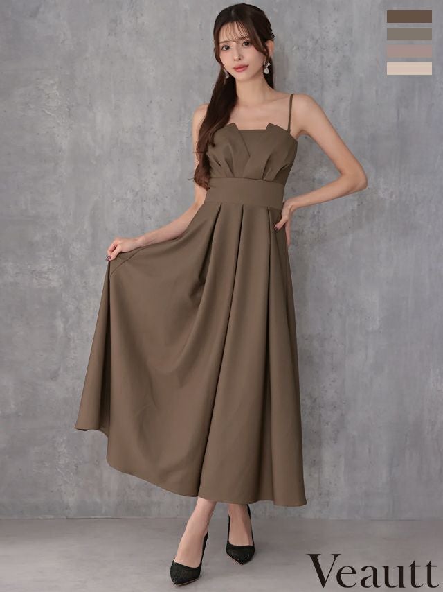 キャバドレス Veautt ヴュート ウエストマーク バストタック エレガント ワンカラー プリーツ 2way ベアトップ キャミソール Aラインロングドレス