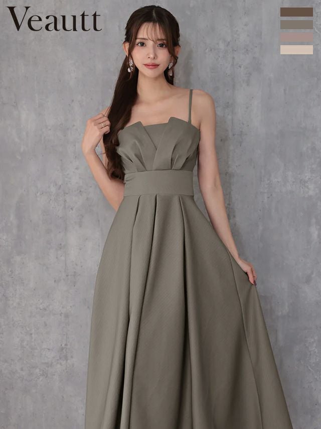 キャバドレス Veautt ヴュート プリーツ 2way ベアトップ ウエストマーク バストタック エレガント ワンカラー キャミソール Aラインロングドレス