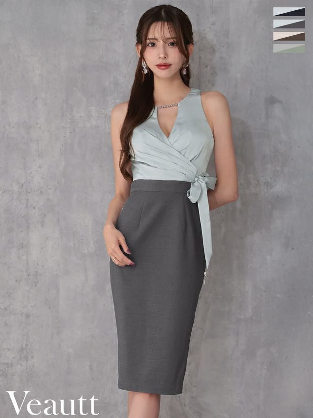 キャバドレス Veautt ヴュート バストタック チェーン ウエストクロス リボン ジップデザイン バイカラー ノースリーブ 膝丈ドレス