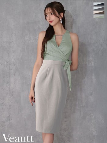 キャバドレス Veautt ヴュート チェーン ウエストクロス リボン ジップデザイン バイカラー ノースリーブ バストタック 膝丈ドレス