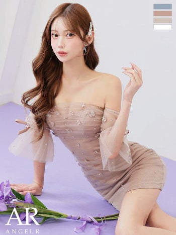キャバドレス Angel R エンジェルアール オフショル風 フラワー リボン メッシュ ベアトップ ビジュー フェミニン シアースリーブ キャミソール タイトミニドレス