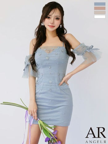 キャバドレス Angel R エンジェルアール シアースリーブ キャミソール メッシュ ベアトップ ビジュー オフショル風 フラワー リボン フェミニン タイトミニドレス