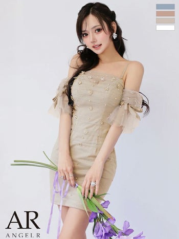 キャバドレス Angel R エンジェルアール シアースリーブ オフショル風 フラワー リボン キャミソール メッシュ ベアトップ ビジュー フェミニン タイトミニドレス