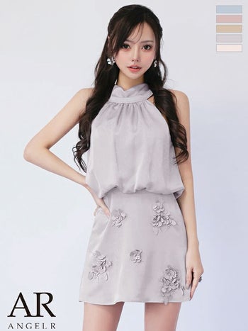 キャバドレス Angel R エンジェルアール ウエストマーク フラワーレース サテン ワンカラー ホルターネック リボン フレアミニドレス