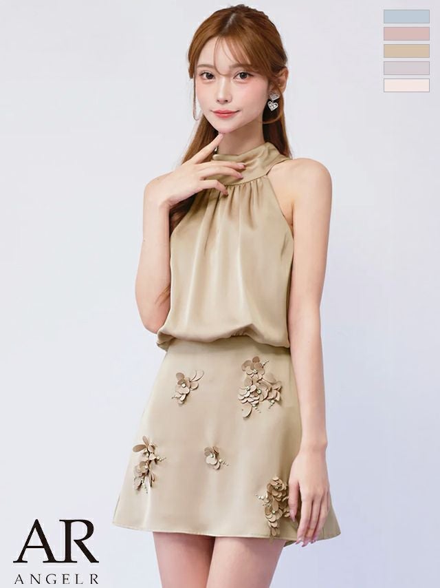 キャバドレス Angel R エンジェルアール フラワーレース サテン ワンカラー ホルターネック リボン ウエストマーク フレアミニドレス