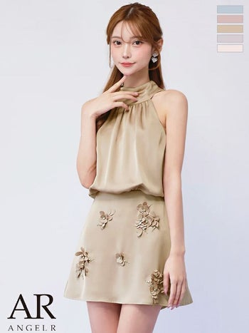 キャバドレス Angel R エンジェルアール フラワーレース サテン ワンカラー ホルターネック リボン ウエストマーク フレアミニドレス