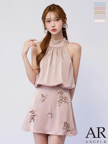 キャバドレス Angel R エンジェルアール サテン ワンカラー ホルターネック リボン ウエストマーク フラワーレース フレアミニドレス