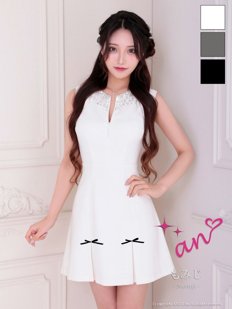 キャバドレス an ジップデザイン ノースリーブ バックカット プリーツ リボン ビジュー フレアミニドレス