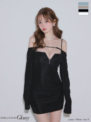 キャバドレス Glossy ROBE de FLEURS グロッシー ローブドフルール ラメニット ジップデザイン 長袖 3way キャミソール ベア ボレロ タイトミニドレス