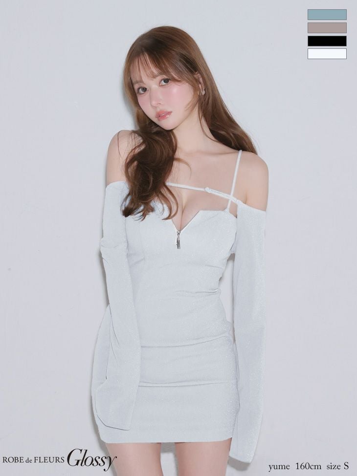 キャバドレス Glossy ROBE de FLEURS グロッシー ローブドフルール ベア ボレロ ラメニット 3way キャミソール ジップデザイン 長袖 タイトミニドレス