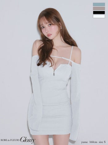 キャバドレス Glossy ROBE de FLEURS グロッシー ローブドフルール ベア ボレロ ラメニット 3way キャミソール ジップデザイン 長袖 タイトミニドレス