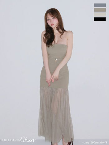 キャバドレス Glossy ROBE de FLEURS グロッシー ローブドフルール チュール セットアップ 2way キャミソール ベア シアー Aラインロングドレス