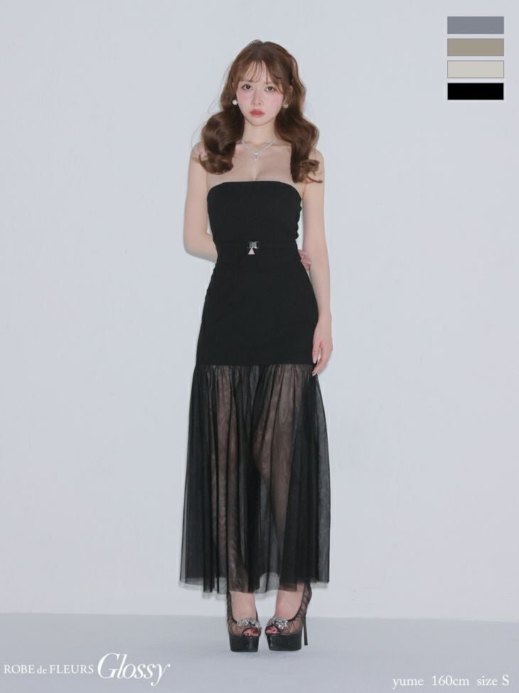 キャバドレス Glossy ROBE de FLEURS グロッシー ローブドフルール セットアップ 2way チュール キャミソール ベア シアー Aラインロングドレス