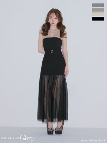 キャバドレス Glossy ROBE de FLEURS グロッシー ローブドフルール セットアップ 2way チュール キャミソール ベア シアー Aラインロングドレス