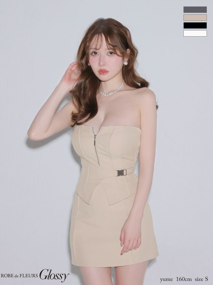 キャバドレス Glossy ROBE de FLEURS グロッシー ローブドフルール ジップデザイン セットアップ ベア 2way キャミソール サイドベルト セクシー タイトミニドレス