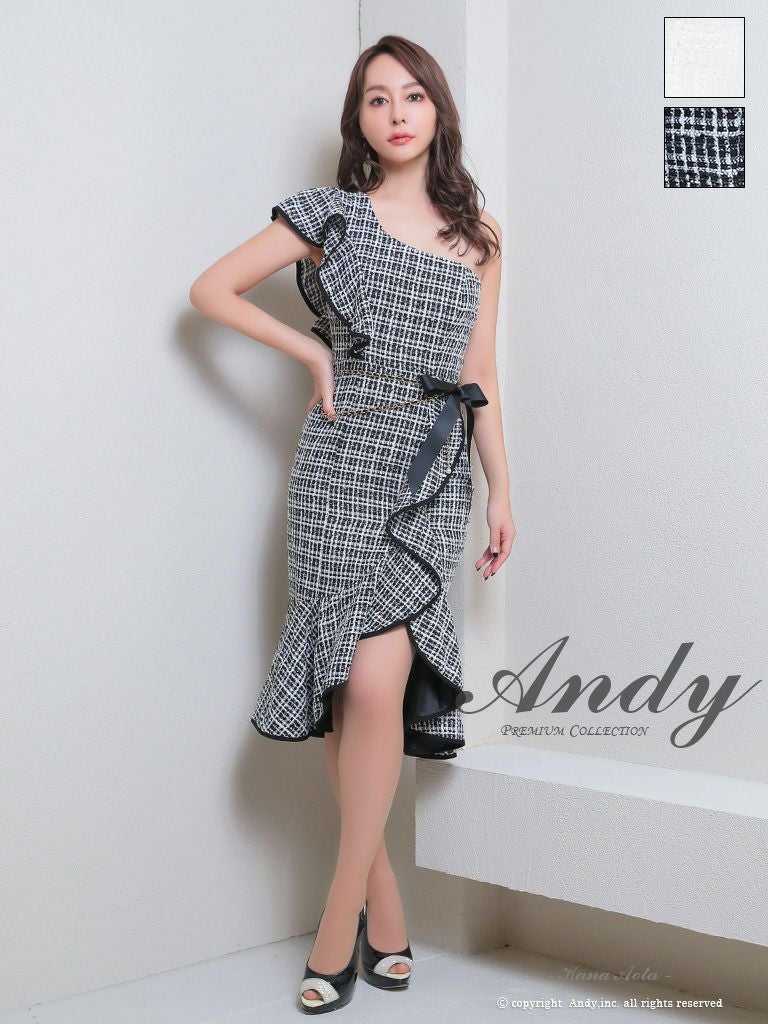 キャバドレス Andy チェック柄 ワンショルダー ツイード フリル ウエストリボン チェーン タイト 膝丈ドレス
