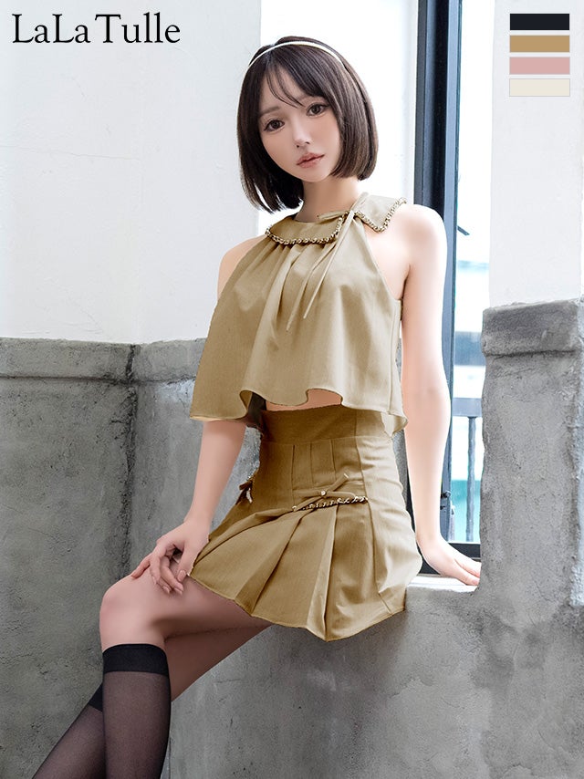 キャバドレス Angel R エンジェルアール セットアップ 襟付き ノースリーブ プリーツスカート リボン ポケット チェーン フレアミニドレス