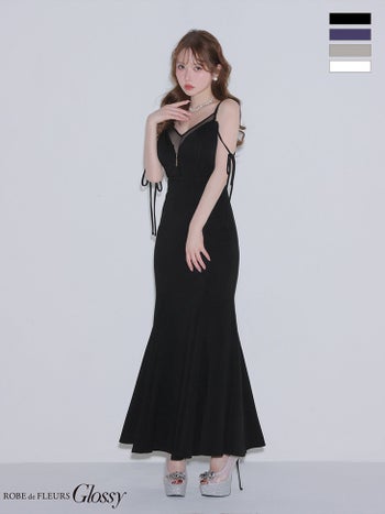 キャバドレス Glossy ROBE de FLEURS グロッシー ローブドフルール シアーチュール 2way ジップデザイン キャミソール リボン マーメイドロングドレス