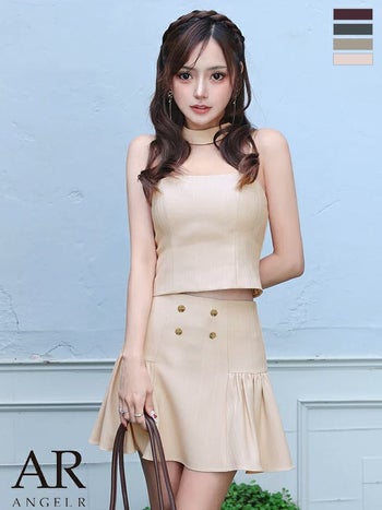 キャバドレス Angel R エンジェルアール セットアップ プリーツ ホルターネック チョーカーデザイン ダブルボタン フレアミニドレス