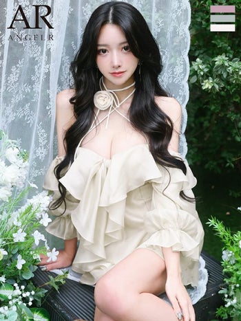 キャバドレス Angel R エンジェルアール オフショルダー ネックストラップ フラワーモチーフ フリル 長袖 フェミニン フレアミニドレス
