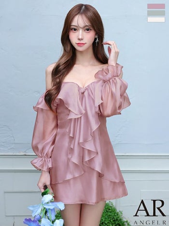 キャバドレス Angel R エンジェルアール フラワーモチーフ 長袖 フェミニン オフショルダー ネックストラップ フリル フレアミニドレス