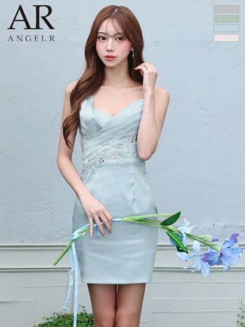 キャバドレス Angel R エンジェルアール ノースリーブ アシンメトリーデザイン バストタック フラワーレース ビジュー キャミソール タイトミニドレス