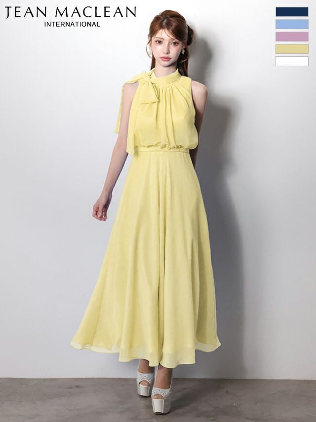 キャバドレス JEANMACLEAN ジャンマクレーン ノースリーブ ネックリボン シフォン ウエストマーク シンプル ワンカラー Aラインロングドレス