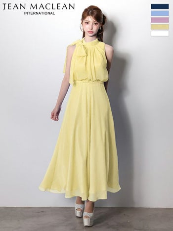 キャバドレス JEANMACLEAN ジャンマクレーン ノースリーブ ネックリボン シフォン ウエストマーク シンプル ワンカラー Aラインロングドレス