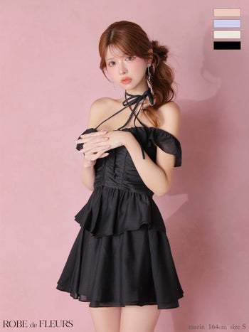 キャバドレス　ROBEdeFLEURS ローブドフルール フリル シフォン セットアップ オフショルダー クロスネック ジップデザイン ペプラム フレアミニドレス