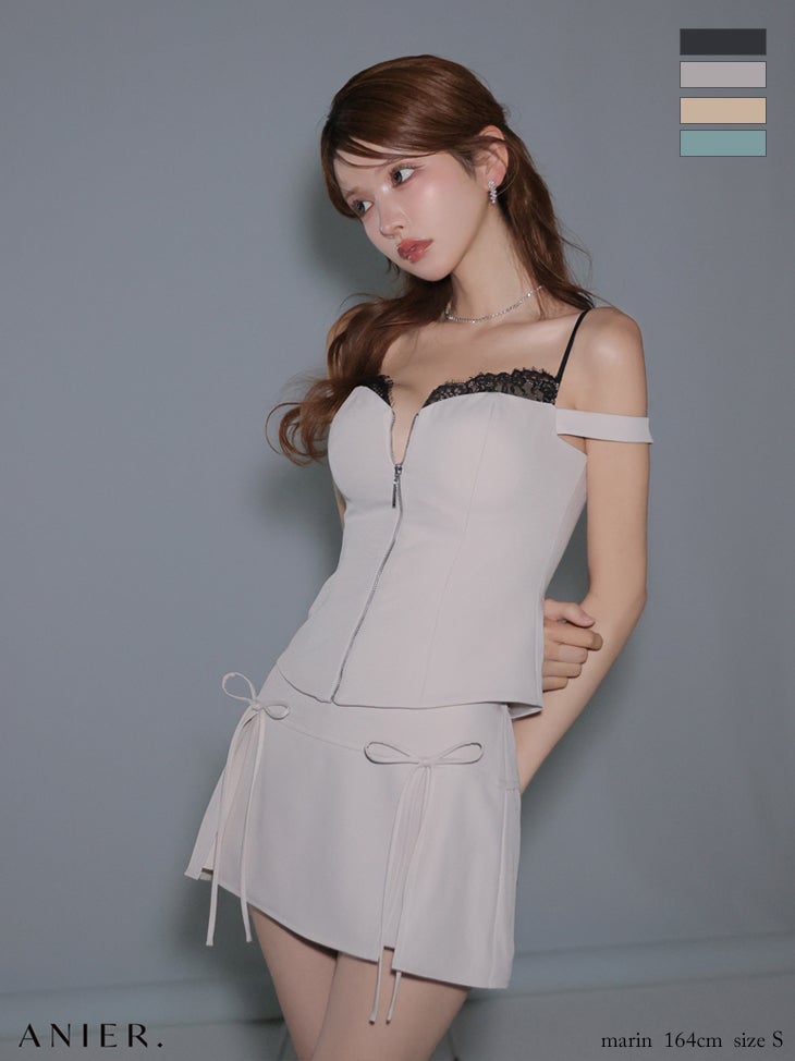 キャバドレス ANIER. アニエル レイヤード レース セットアップ 肩あき ジップデザイン リボン タイトミニドレス 