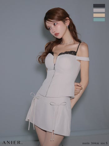 キャバドレス ANIER. アニエル レイヤード レース セットアップ 肩あき ジップデザイン リボン タイトミニドレス 