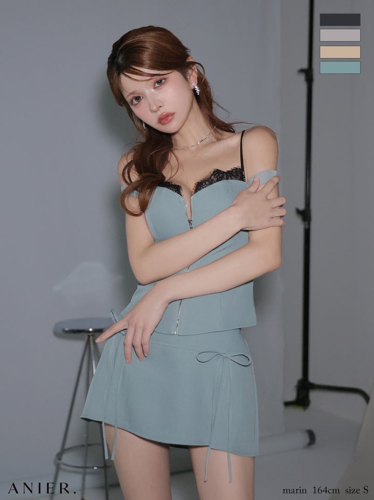 キャバドレス ANIER. アニエル レース セットアップ 肩あき ジップデザイン リボン レイヤード タイトミニドレス