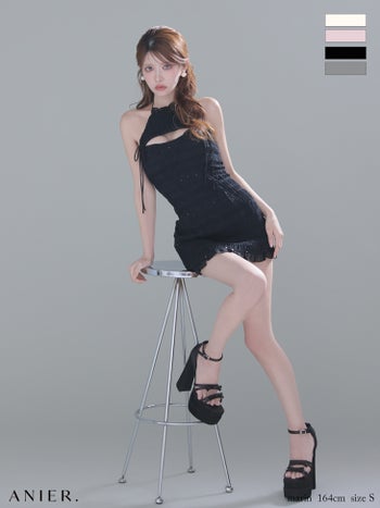 キャバドレス ANIER. アニエル ホルターネック バストカット チュール チュール リボン アメリカンスリーブ フリル タイトミニドレス