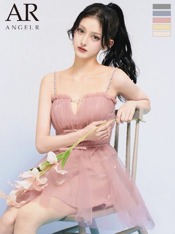 キャバドレス Angel R エンジェルアール キャミソール 2way ベア チュール リボン ビジューチェーン フリル フェミニン フレアミニドレス
