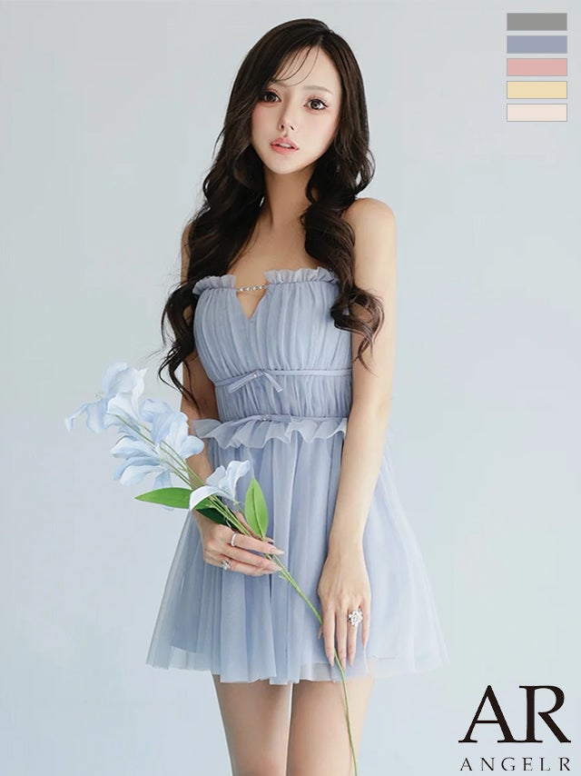 キャバドレス Angel R エンジェルアール ビジューチェーン フリル キャミソール 2way ベア チュール リボン フェミニン フレアミニドレス