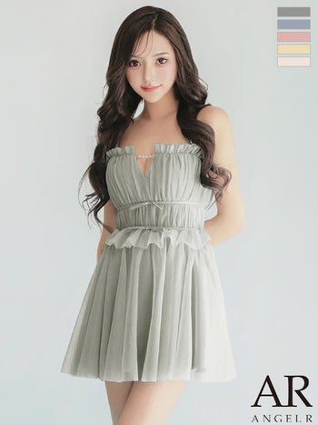 キャバドレス Angel R エンジェルアール ビジューチェーン フェミニン キャミソール 2way フリル リボン ベア チュール フレアミニドレス
