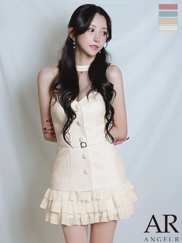キャバドレス Angel R エンジェルアール ベアトップ チョーカーデザイン ボタン ウエストベルト フリル 2way フレアミニドレス