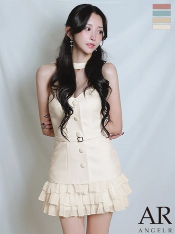 キャバドレス Angel R エンジェルアール ベアトップ チョーカーデザイン ボタン ウエストベルト フリル 2way フレアミニドレス