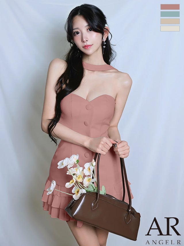 キャバドレス Angel R エンジェルアール チョーカーデザイン ボタン ウエストベルト フリル 2way ベアトップ フレアミニドレス