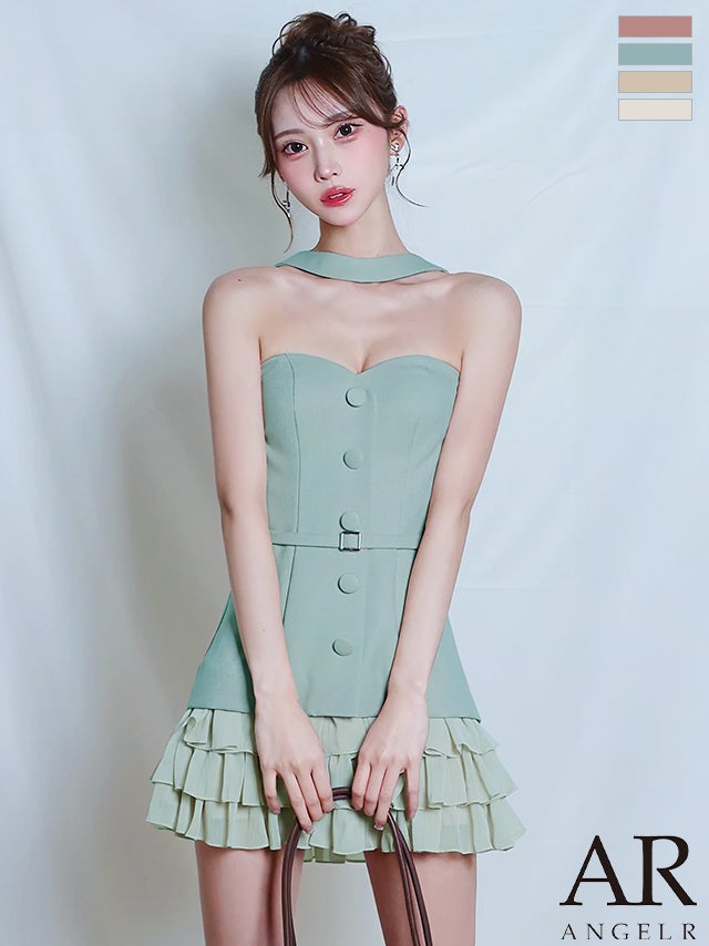 キャバドレス Angel R エンジェルアール ボタン ウエストベルト フリル 2way ベアトップ チョーカーデザイン フレアミニドレス
