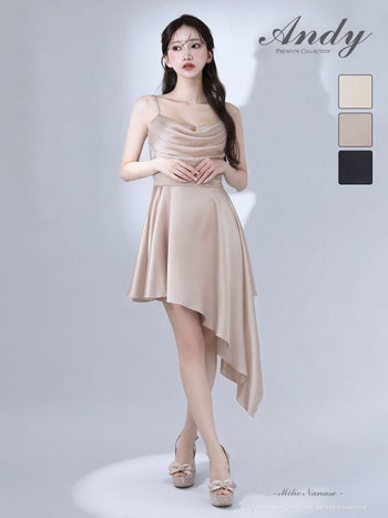 キャバドレス Andy ジップデザイン キャミソール ドレープ アシンメトリー サテン ワンカラー フレアミニドレス