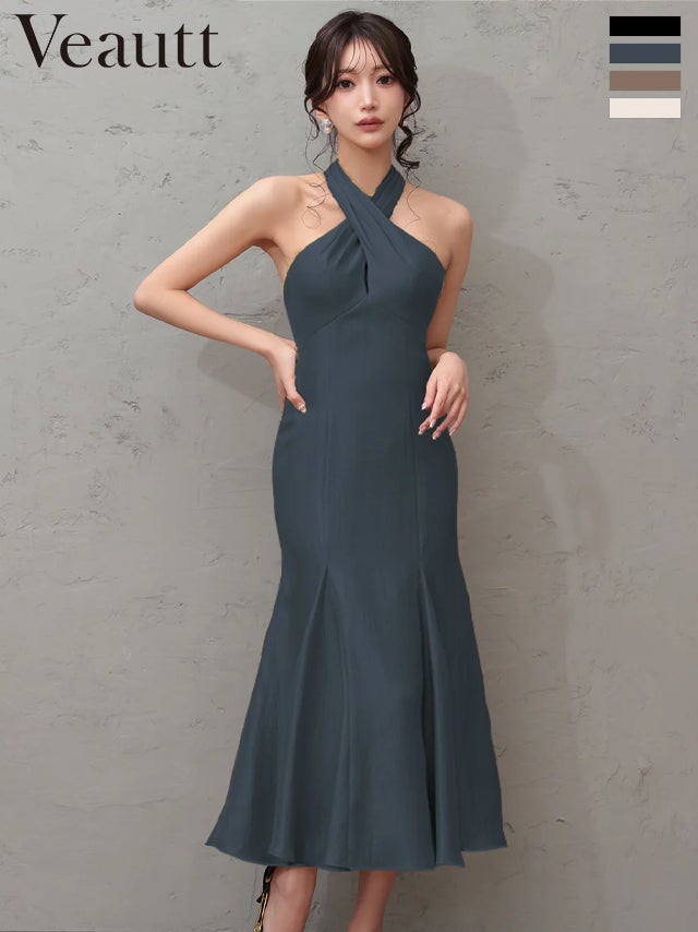 キャバドレス Veautt ヴュート ホルターネック バックオープン ワンカラー バックリボン クロスデザイン マーメイドロングドレス