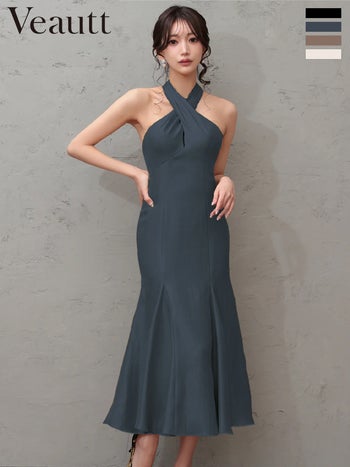 キャバドレス Veautt ヴュート ホルターネック バックオープン ワンカラー バックリボン クロスデザイン マーメイドロングドレス