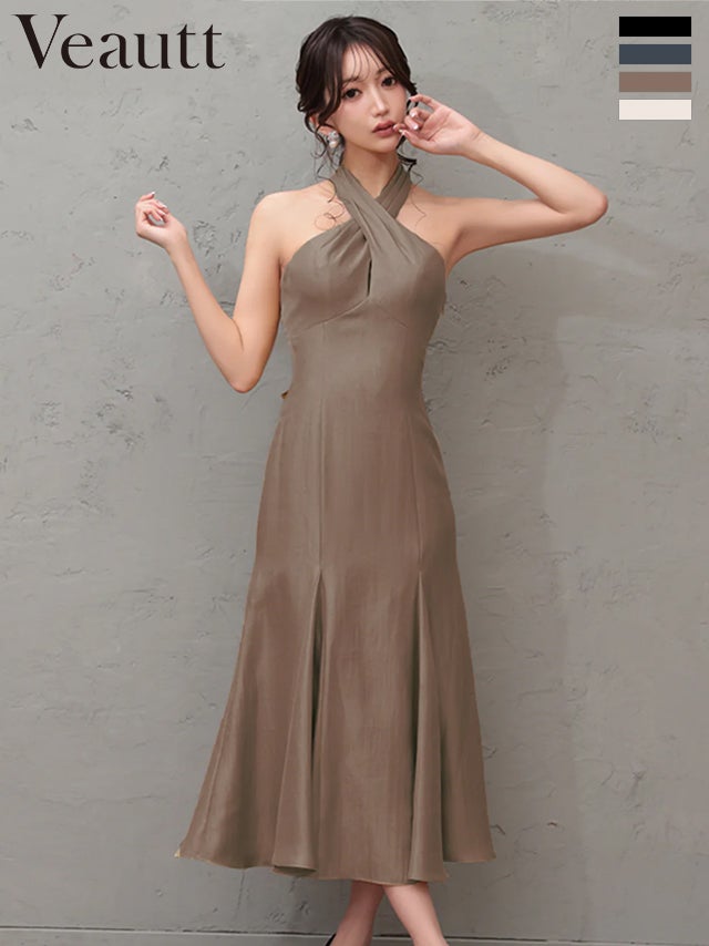 アルゼンチンタンゴ| ブラウン ホルターネックドレス Veautt/ヴュート】バックリボン クロスデザイン ホルターネック バック