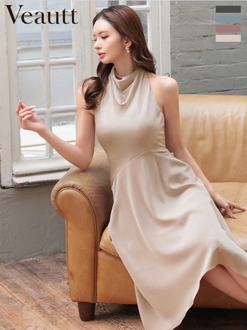 キャバドレス Veautt ヴュート ースリーブ ネックデザイン アシンメトリー ワンカラー 膝丈ドレス