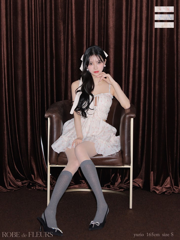 キャバドレス ROBEdeFLEURS ローブドフルール フラワー スタッズ リボン キャミソール シフォン ウエストカット ビジュー ガーリー フレアミニドレス